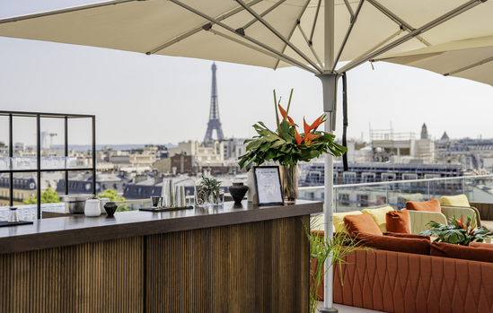 Bar du rooftop avec la tour Eiffel en arrière-plan